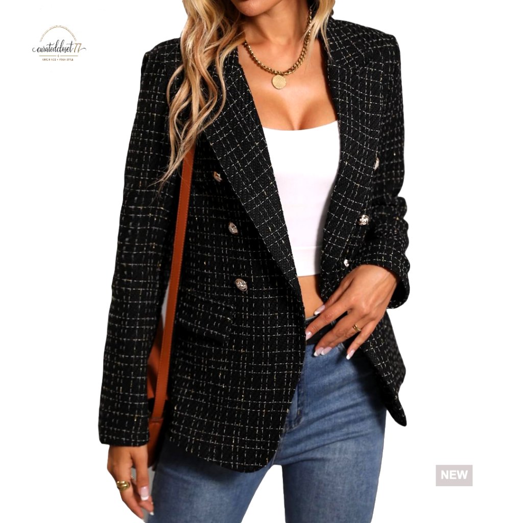 Women's Tweed Plaid Blazer Fully Lined Business Casual Jacket With Pockets